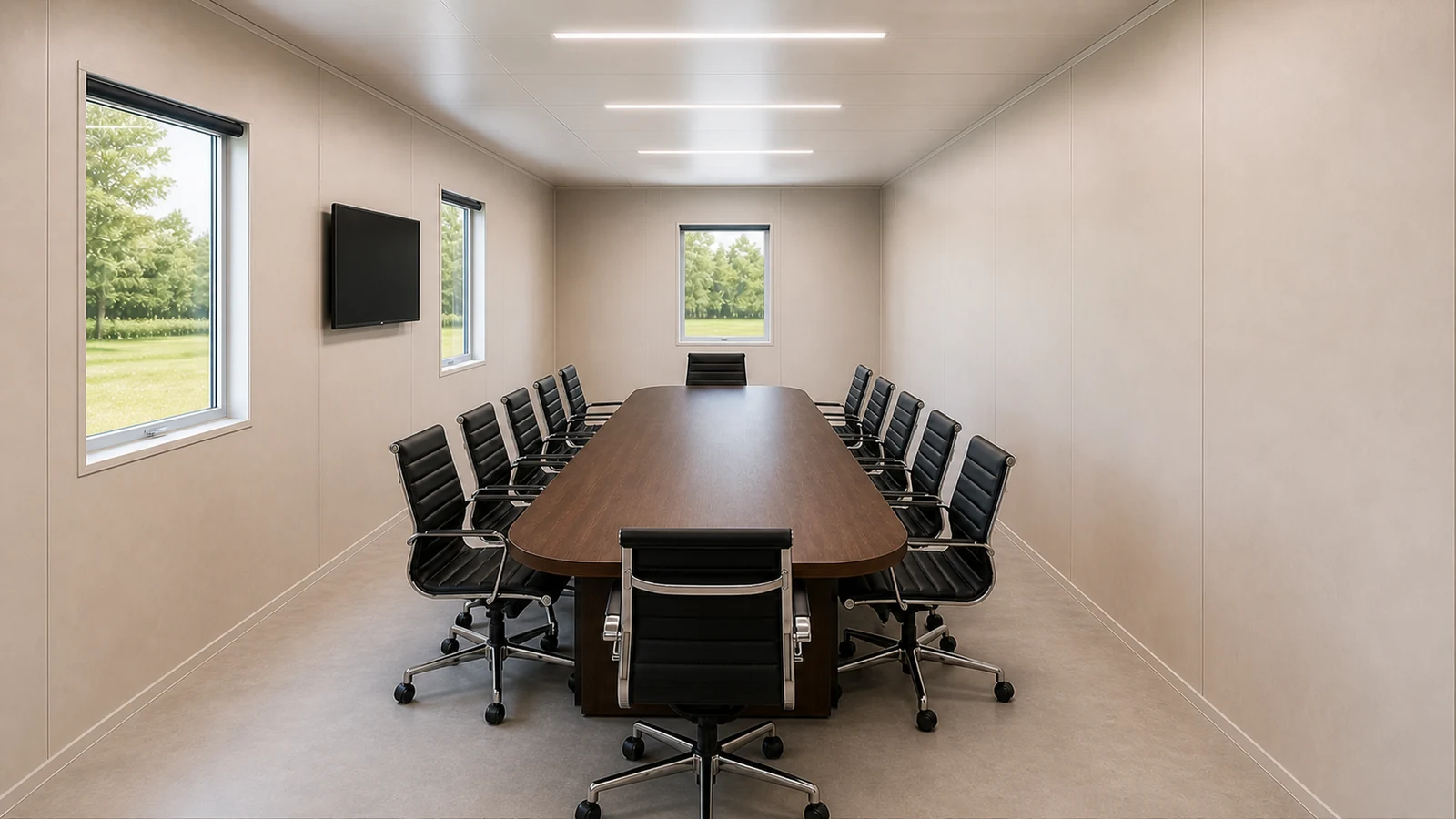 Inside a 20×8 ft portable conference cabin: a 14 ft × 3.5 ft table seating twelve in two facing rows, with 2.25 ft aisles and the display on the solid central bay.