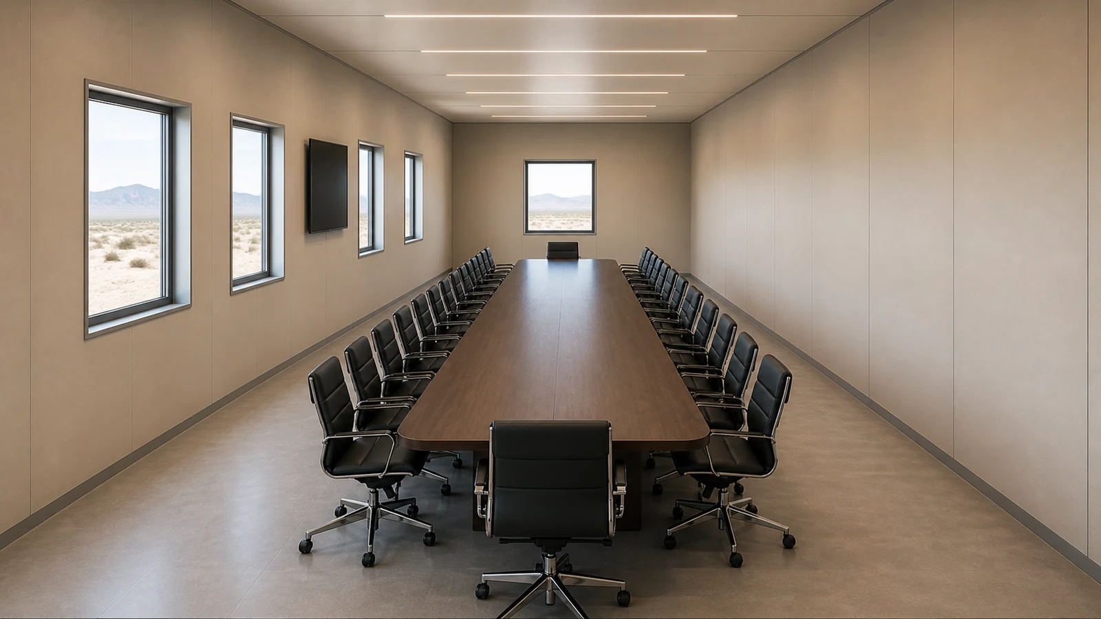 Inside a 40×10 ft portable conference cabin: a 26 ft table seating twenty-two, with 7 ft clear at the end for someone to stand and present.