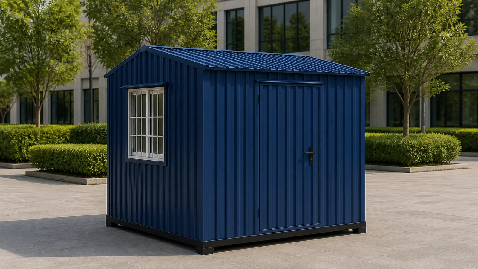 A 10×10 ft portable conference cabin in deep oxford blue: the smallest approved size, a square plan with one door on Wall A and one centred window on each remaining wall.