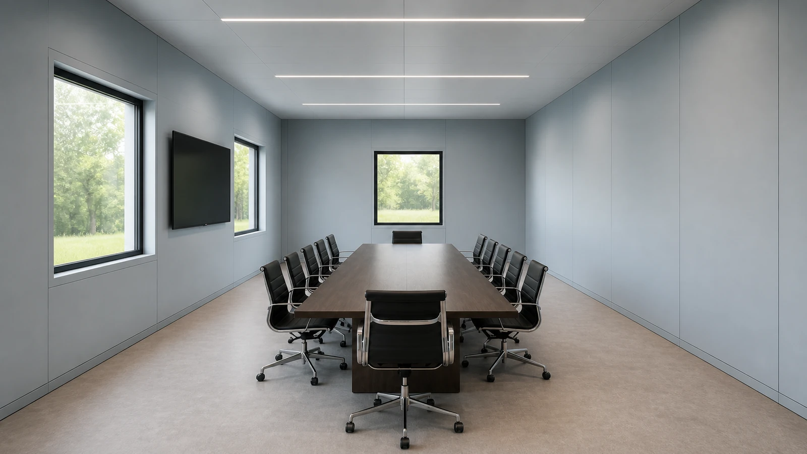 Inside a 20×12 ft portable conference cabin: the same 14 ft × 5 ft table as the 20×10 with 3.5 ft aisles, wide enough to walk behind a seated row.