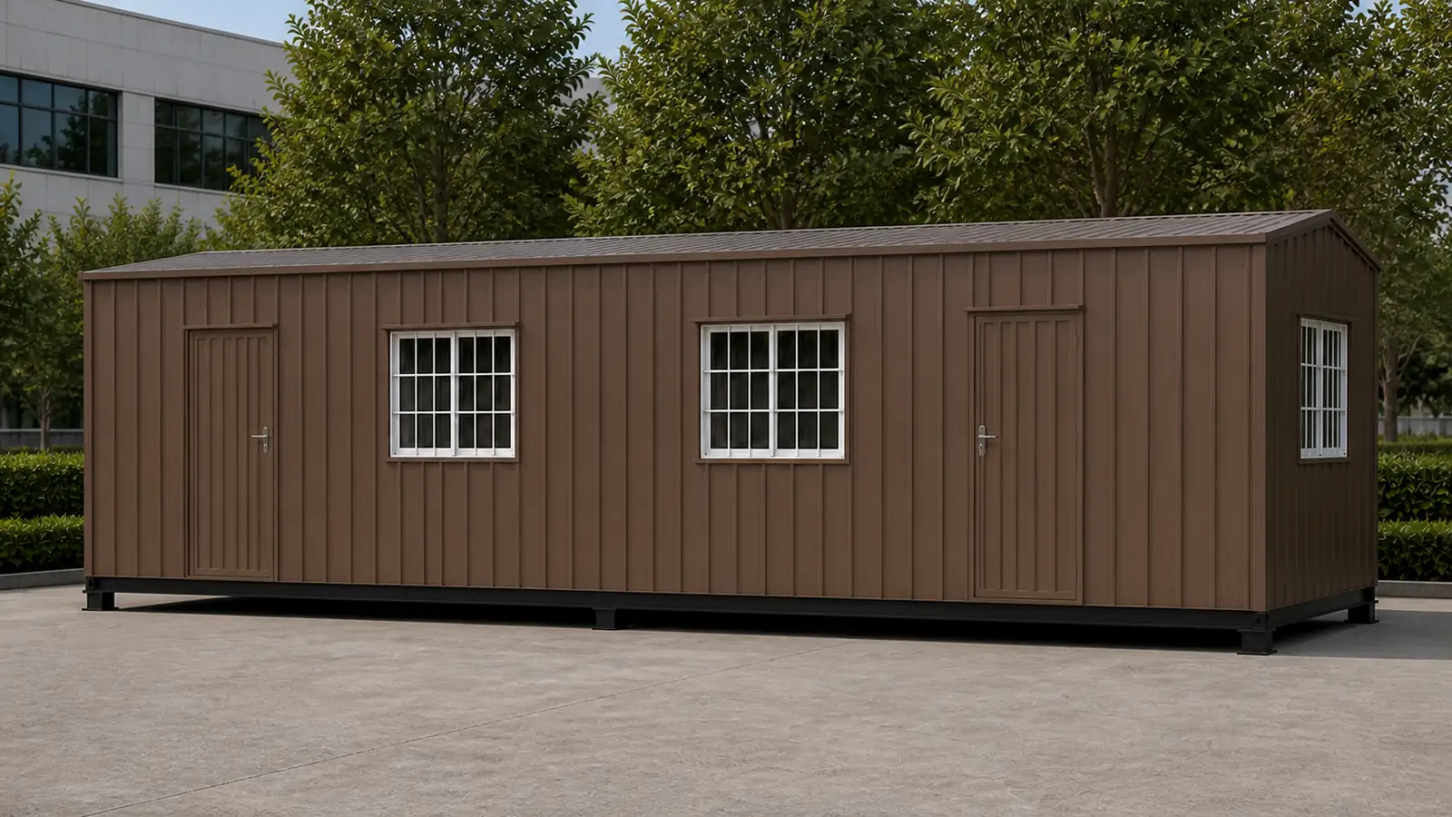 A 30×10 ft portable conference cabin in mineral bronze: two external doors on Wall A, one near each end, with two scheduled windows between them.