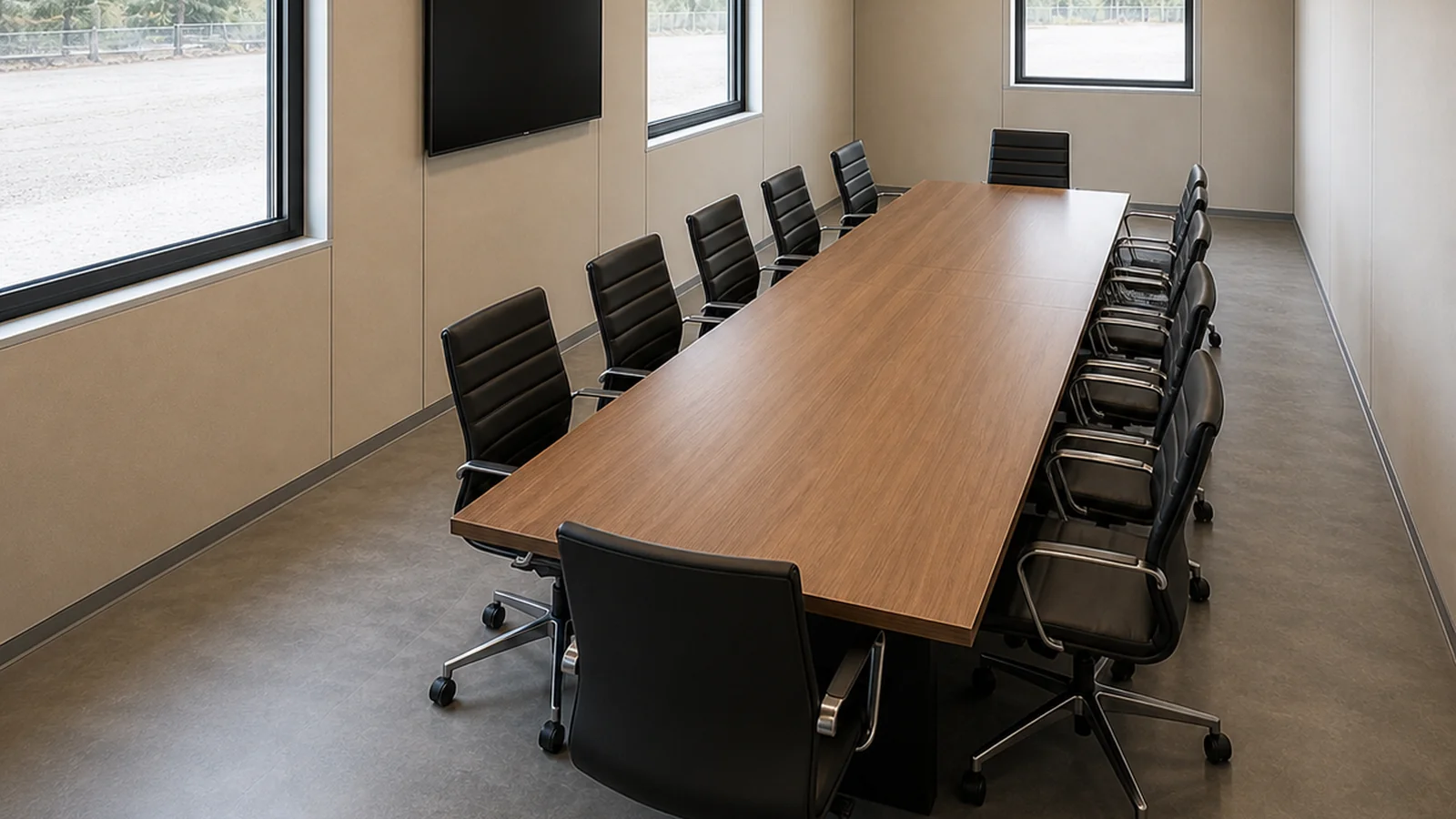 Inside a 20×10 ft portable conference cabin: the 14 ft × 5 ft table on the cabin centreline with 2.5 ft of clear circulation each side and the display mounted on the solid central bay of Wall B.