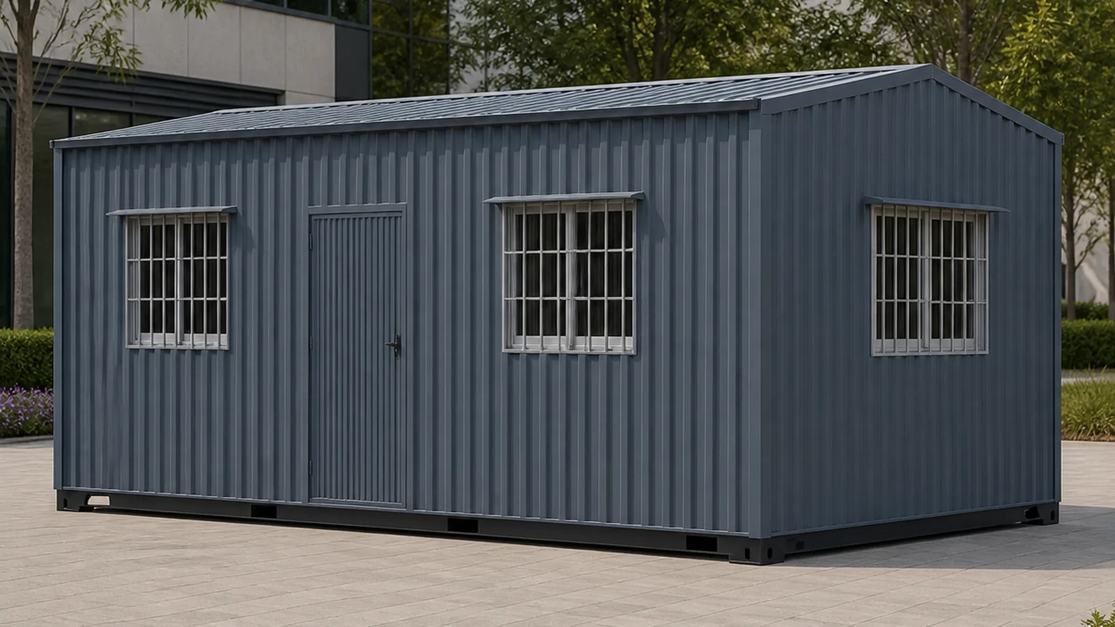 20×10 ft portable conference cabin in slate blue-grey, 200 sq ft, seating 12 at a 14 ft × 5 ft table: window, door and window along Wall A and the low centred-ridge two-way roof.
