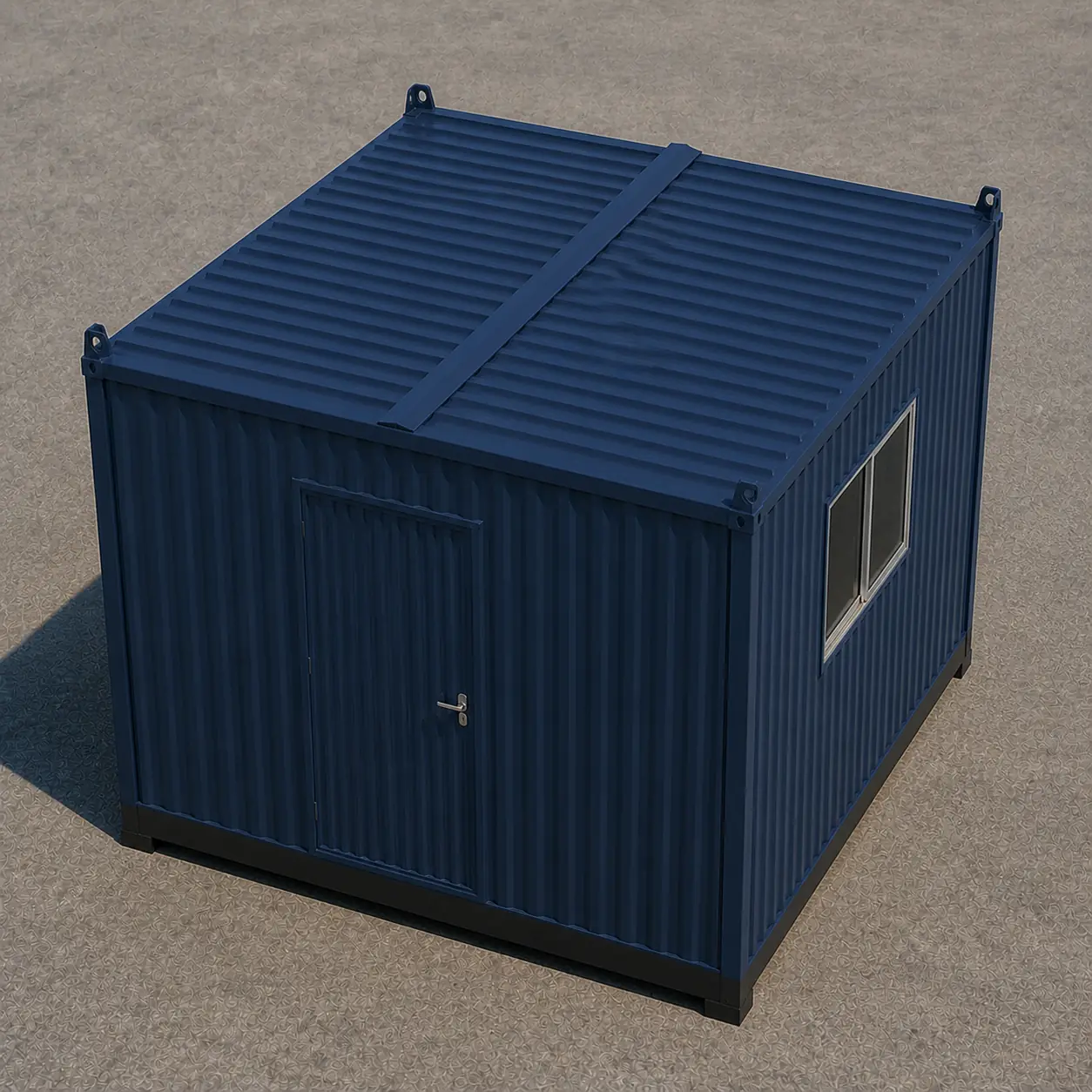 10×10 ft SAMAN portable control room aerial view showing the two-way centred ridge and four corner lifting eye plates