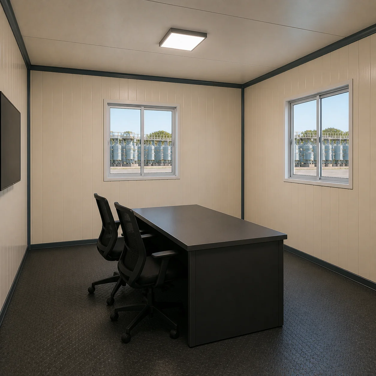 10×10 ft SAMAN portable control room interior showing the approved window and door positions and 1 storage cupboards