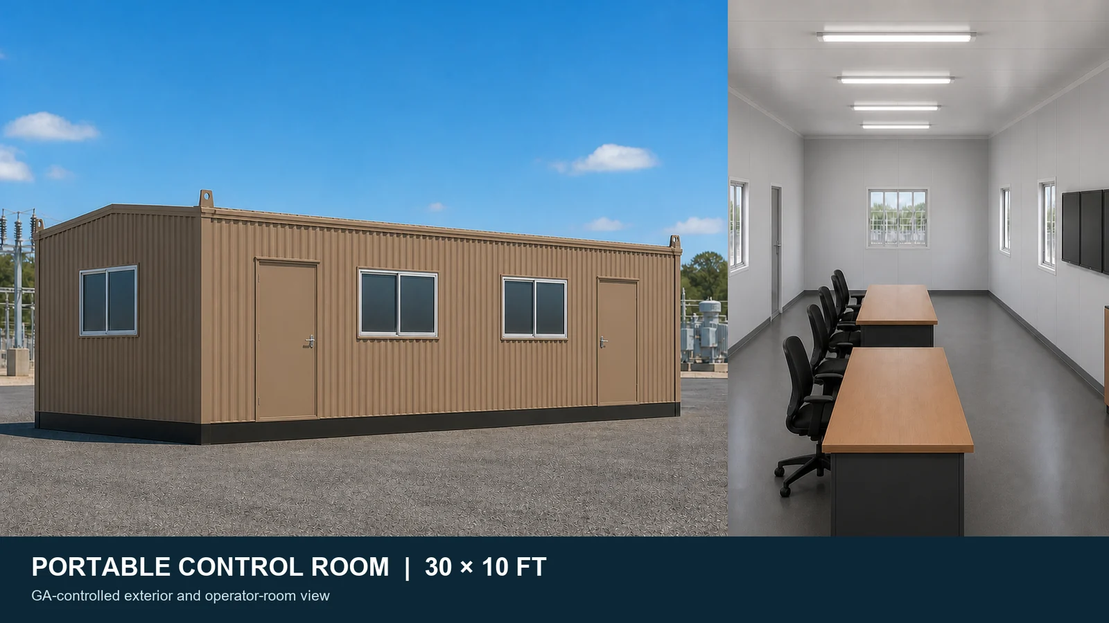 30 by 10 ft portable control room exterior and six-position two-console operator room