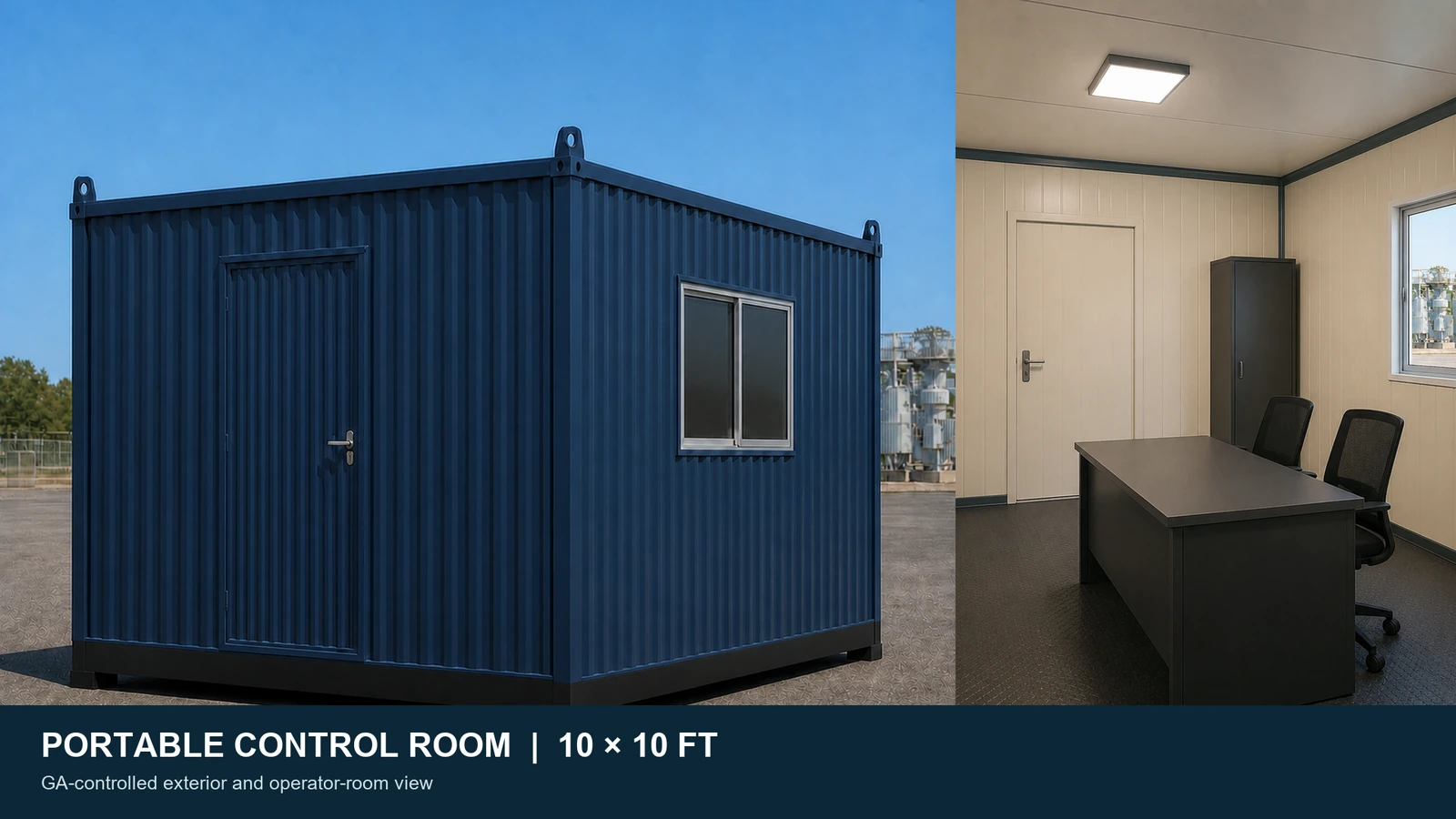 10 by 10 ft portable control room exterior and two-position operator room interior