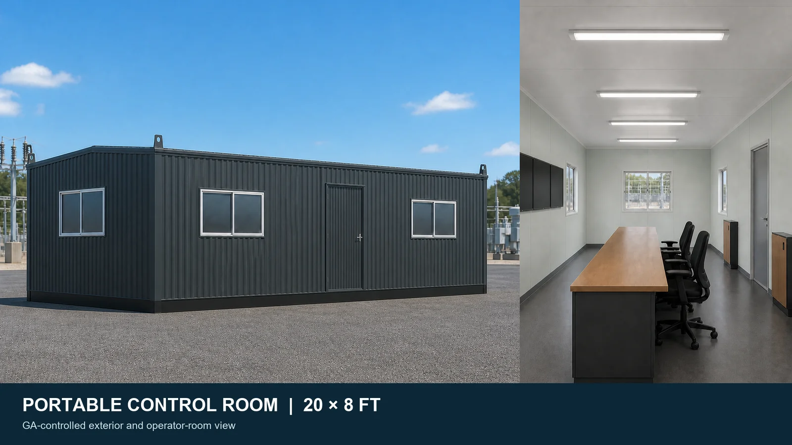20 by 8 ft portable control room exterior and three-position narrow operator room