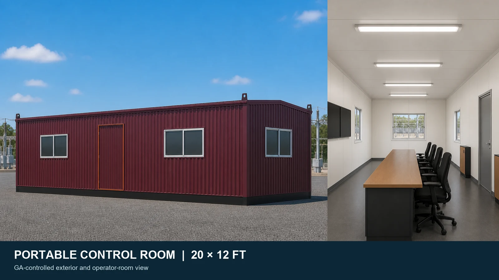 20 by 12 ft portable control room exterior and wide-aisle four-position operator room