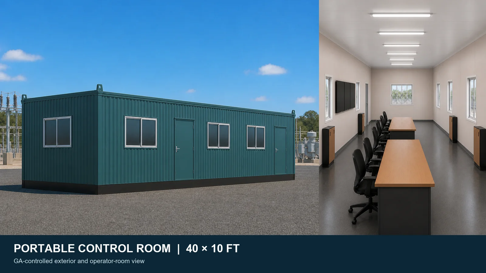40 by 10 ft portable control room exterior and eight-position two-console operator room