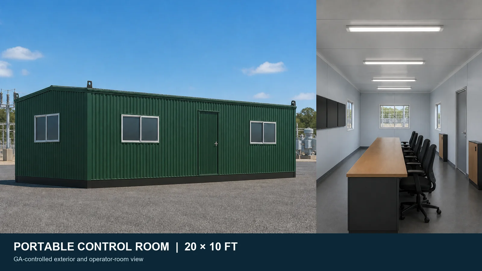 20×10 ft SAMAN portable control room: Wall A window, door, window exterior and the four-position operator room inside