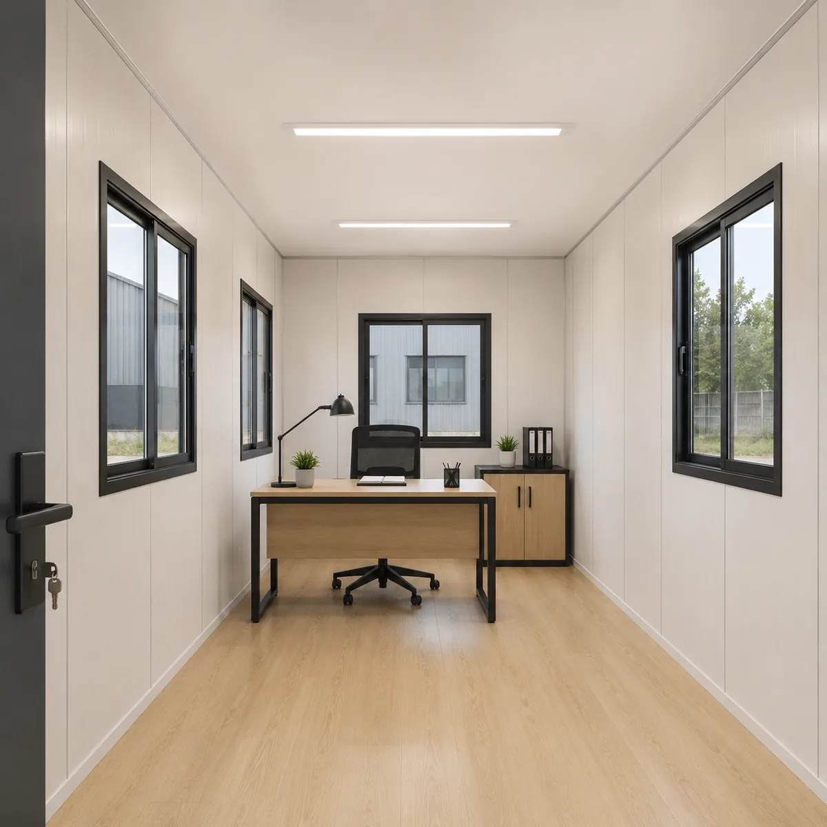 Inside a 20 x 10 ft portable office container, looking the full length to a desk at the far end between windows on both sides.