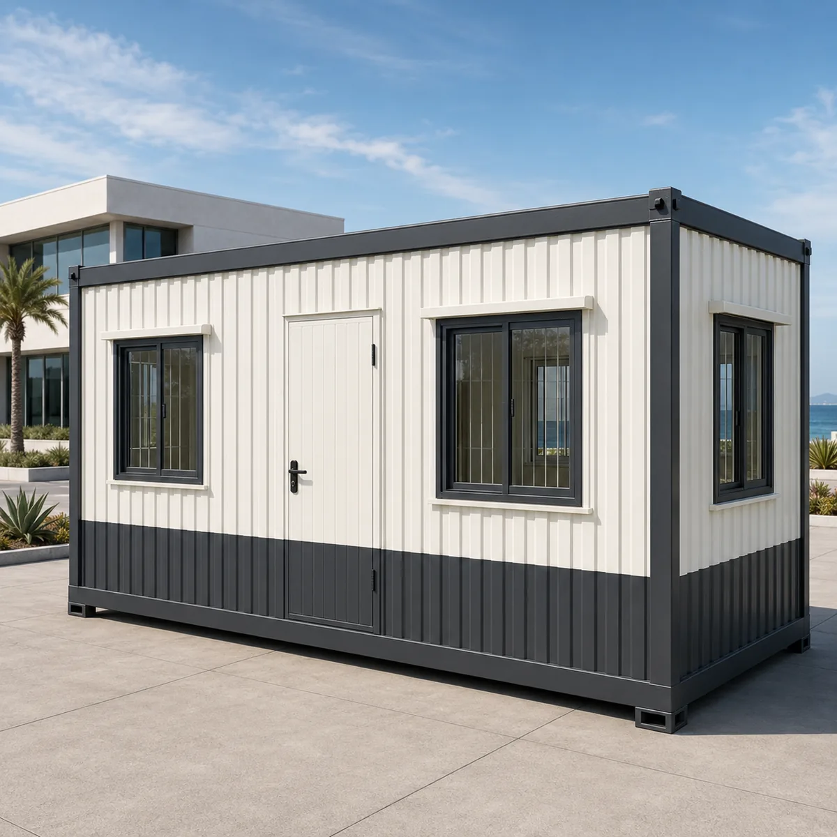 Portable office container, 20 x 10 ft, white upper panel over a charcoal base with four windows along the twenty foot flank.