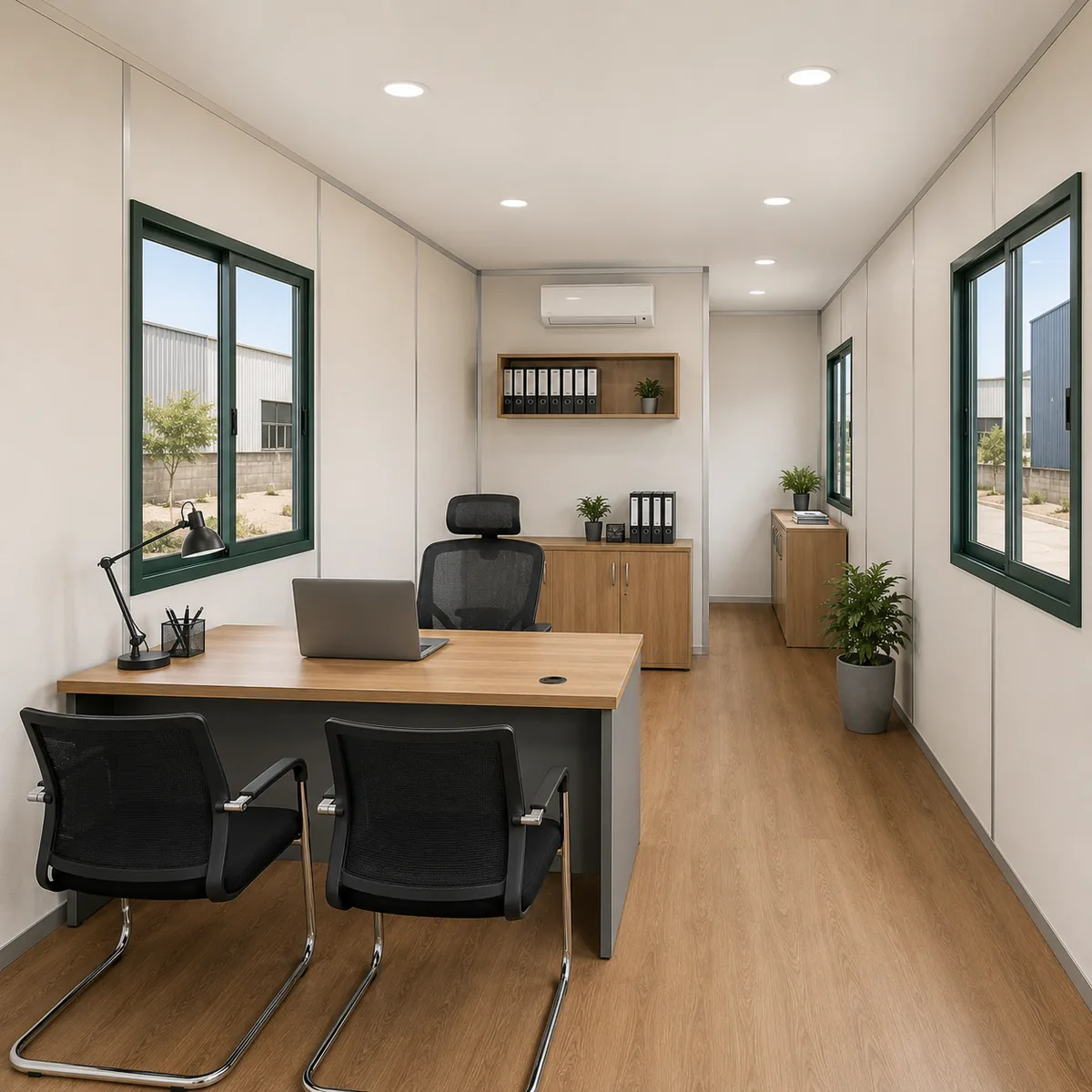 Inside a 20 x 10 ft portable office container, a meeting table and chairs beside a glazed internal partition.