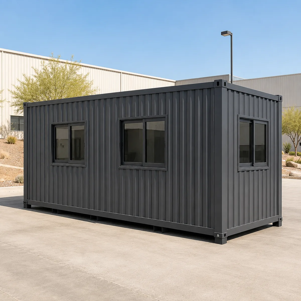 Portable office container, 20 x 10 ft, charcoal flank photographed flat on, four windows evenly spaced along its length.
