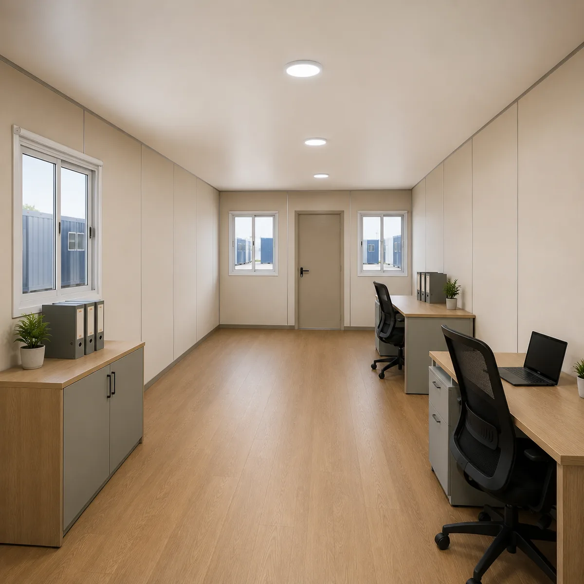 Inside a 20 x 10 ft portable office container, desks running down one side of the long floor with storage opposite.