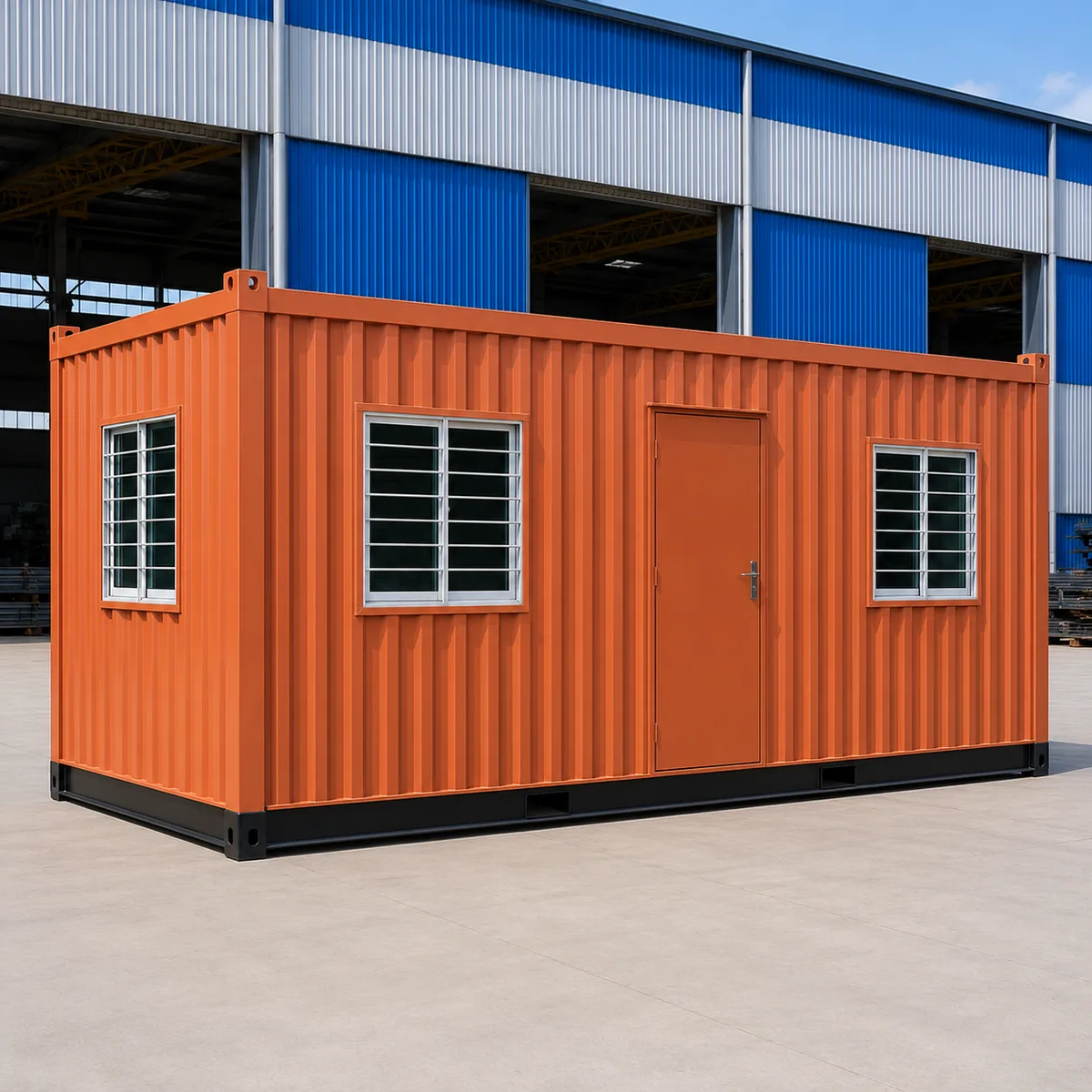 Portable office cabin, 20 x 10 ft, orange-red body viewed from the door corner.