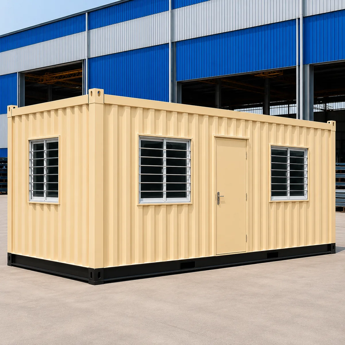 Portable office cabin, 20 x 10 ft, cream body with three shuttered windows along the twenty foot flank.
