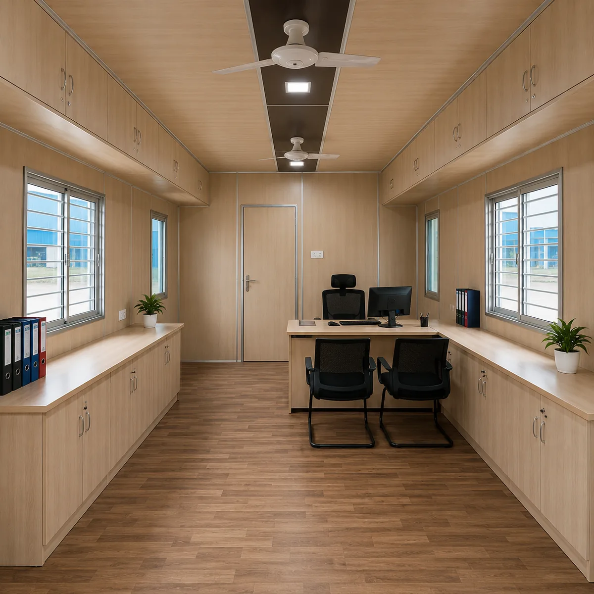 Inside a 20 x 10 ft portable office cabin, a counter run and workstations seen from the far end.