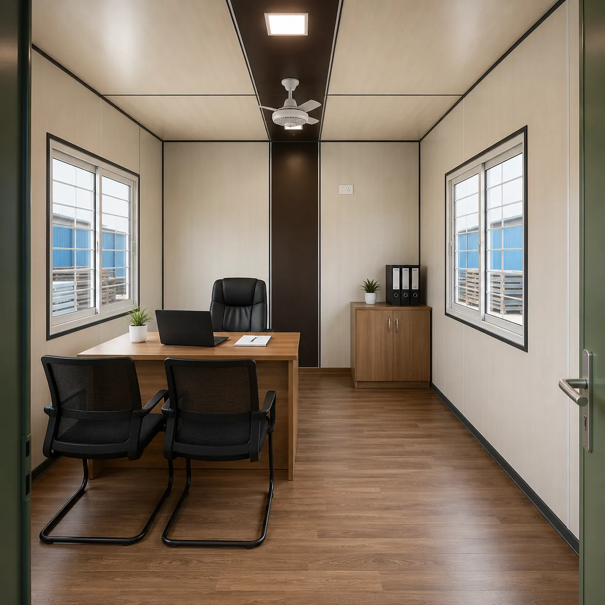 Inside a 20 x 10 ft portable office cabin, a desk with two visitor chairs and a fan overhead.