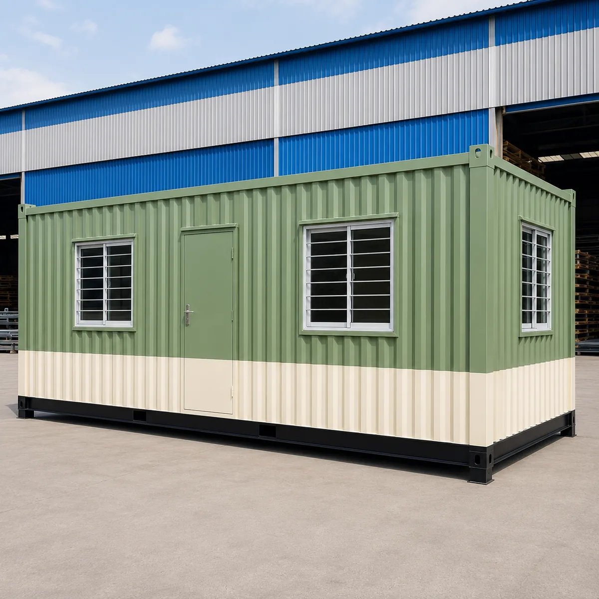 Portable office cabin, 20 x 10 ft, green upper panel over a cream base, photographed square on.