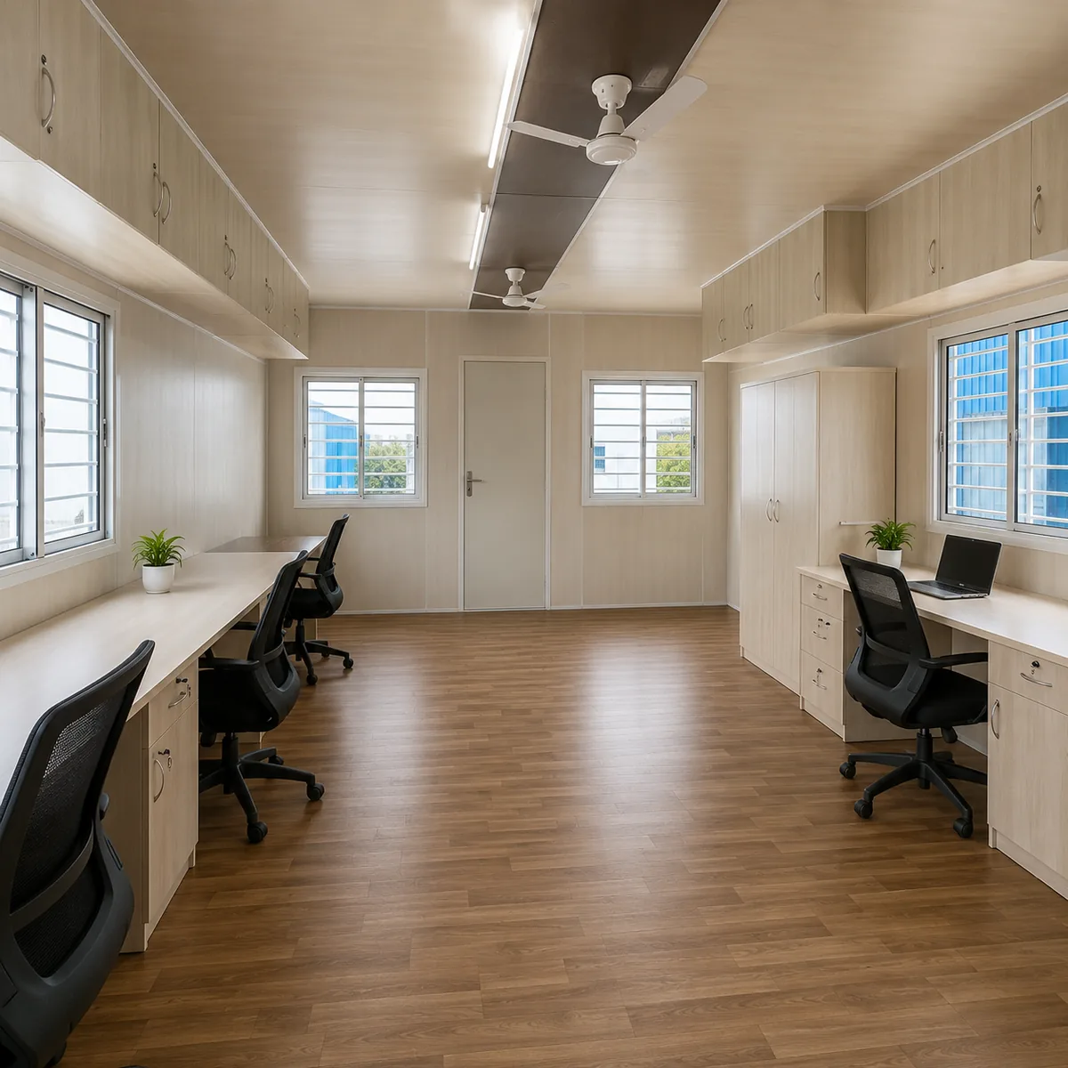 Inside a 20 x 10 ft portable office cabin, desk runs down both sides under a ceiling fan.