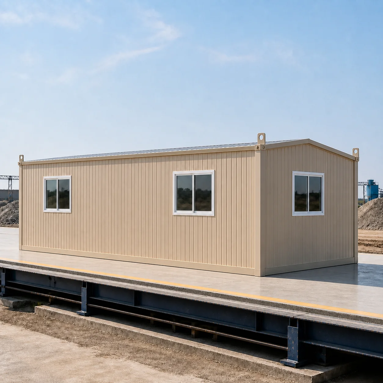 20 x 10 x 8.5 ft weighbridge office cabin seen from the deck, Wall B glazing above the operator consoles, no door on this wall