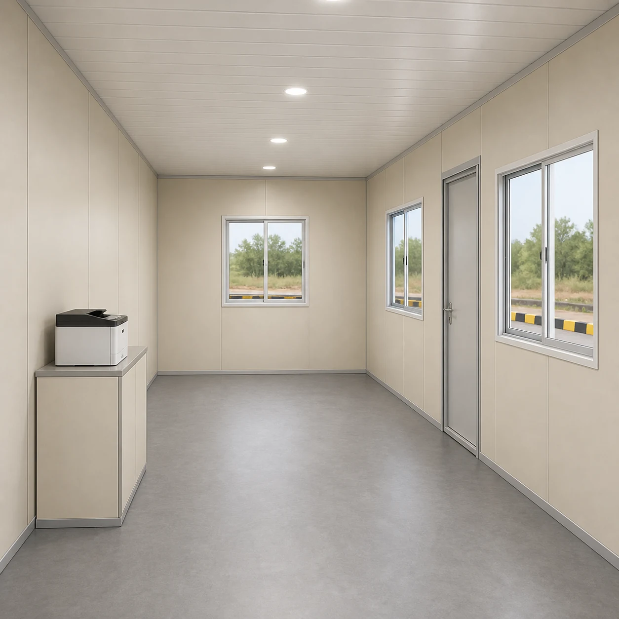 Inside the 20 x 10 x 8.5 ft weighbridge office cabin looking at Wall A, the staff entry door and the document counter
