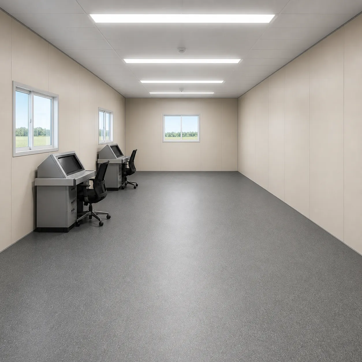 Inside the 20 x 10 x 8.5 ft weighbridge office cabin at the operator consoles on Wall B, facing the weighbridge deck glazing
