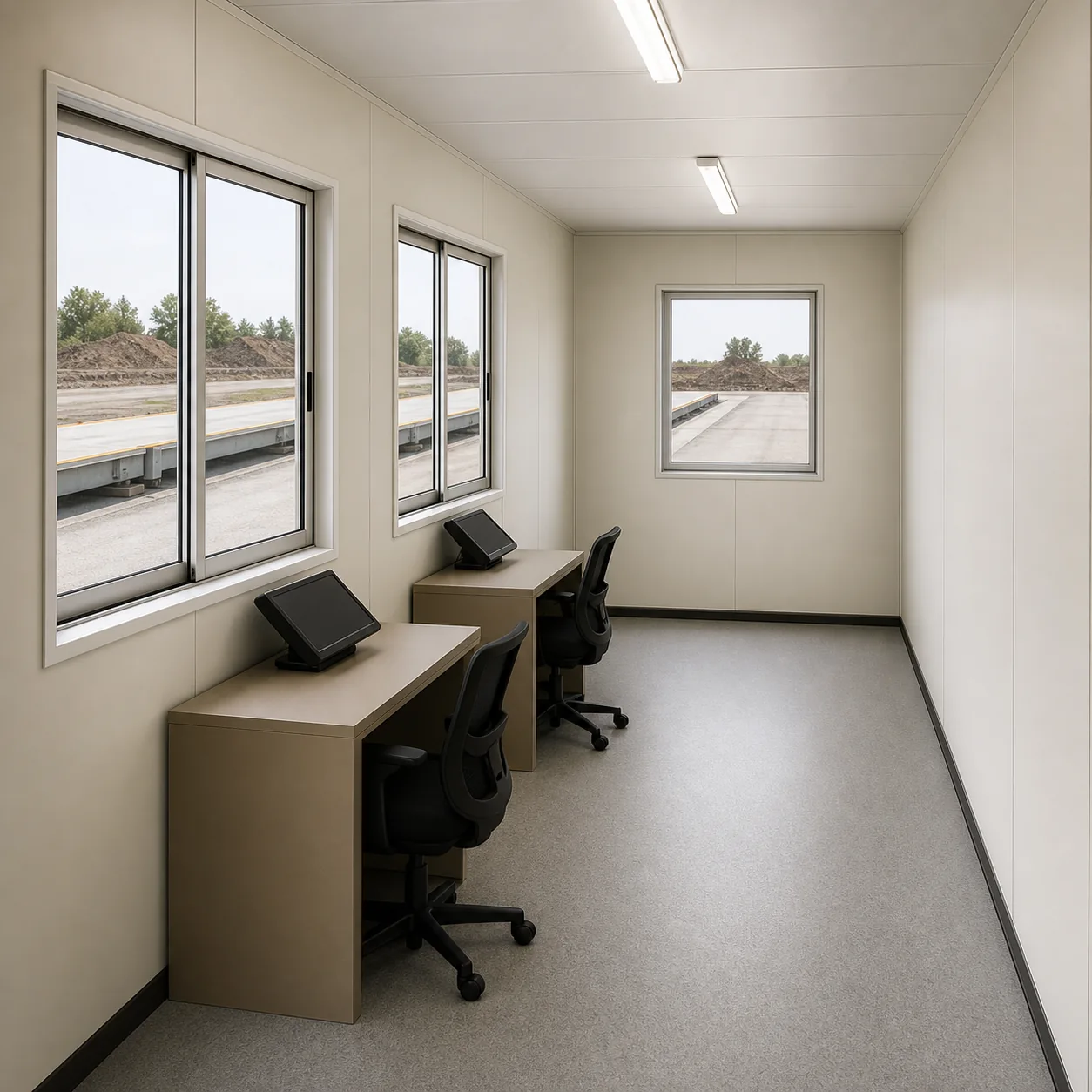 Inside the 20 x 10 x 8.5 ft weighbridge office cabin towards the end wall with its single centred window, Mist Blue-Grey lining