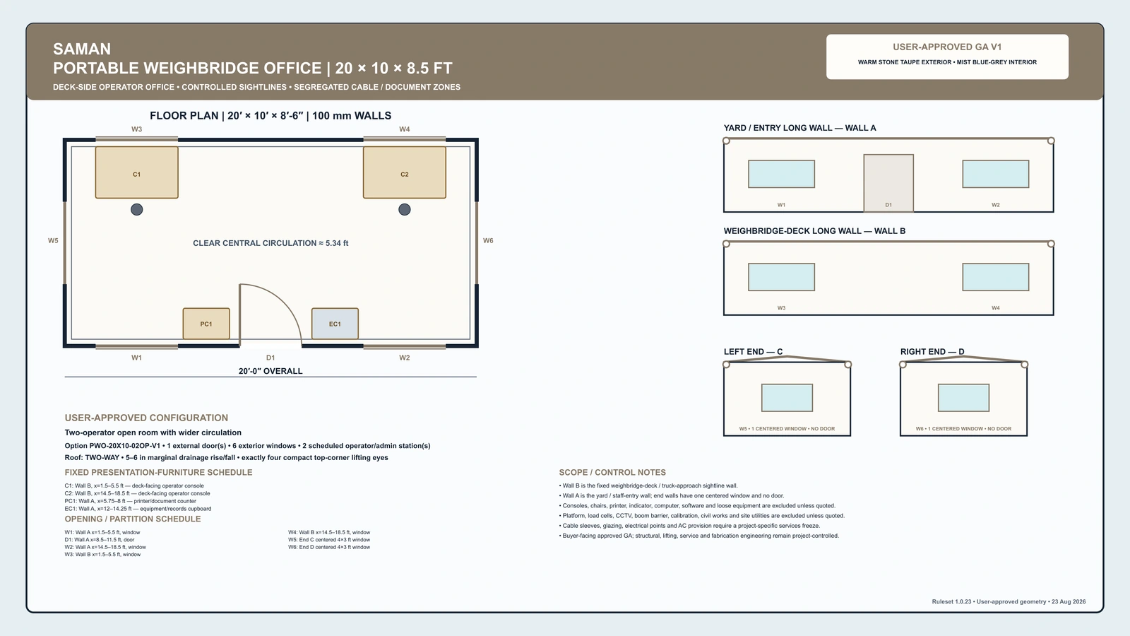 SAMAN weighbridge office cabin general arrangement, 20 x 10 ft, showing Wall B fixed as the weighbridge-deck wall with an operator console beneath each deck window and the entry door set on Wall A