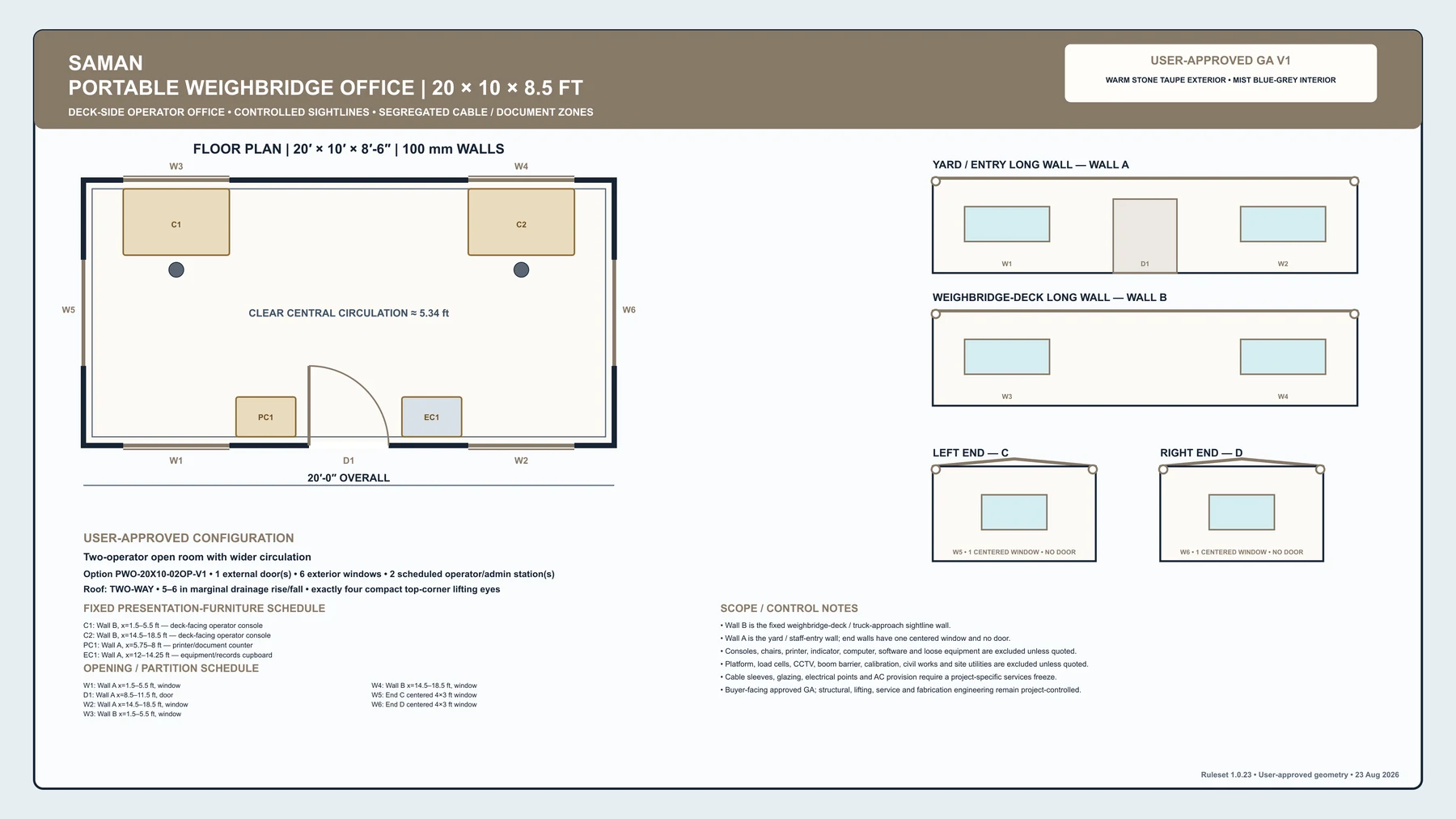 Approved general arrangement drawing for the 20 x 10 x 8.5 ft SAMAN weighbridge office cabin, floor plan and four wall elevations with the opening schedule, option PWO-20X10-02OP-V1
