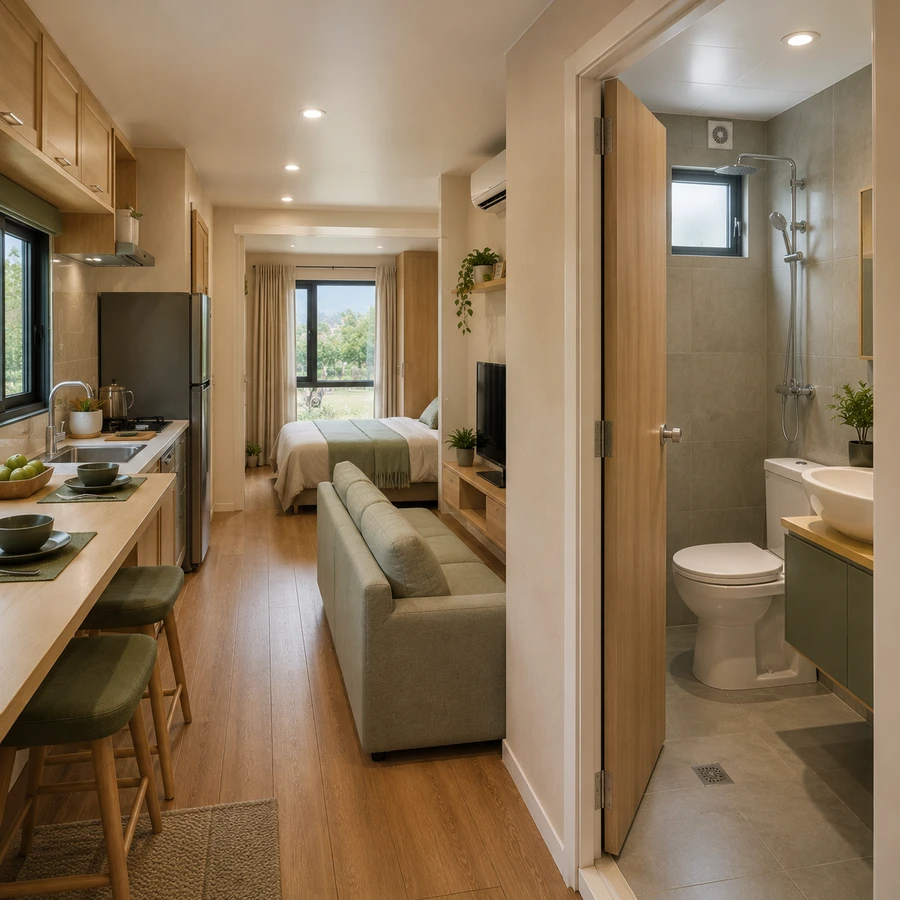 Looking back through a 20x10 ft prefab container home towards a WC and basin beside the wardrobe wall