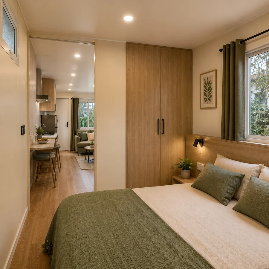 Bedroom inside a 20x10 ft prefab container home, with a bedroom with fitted timber wardrobes