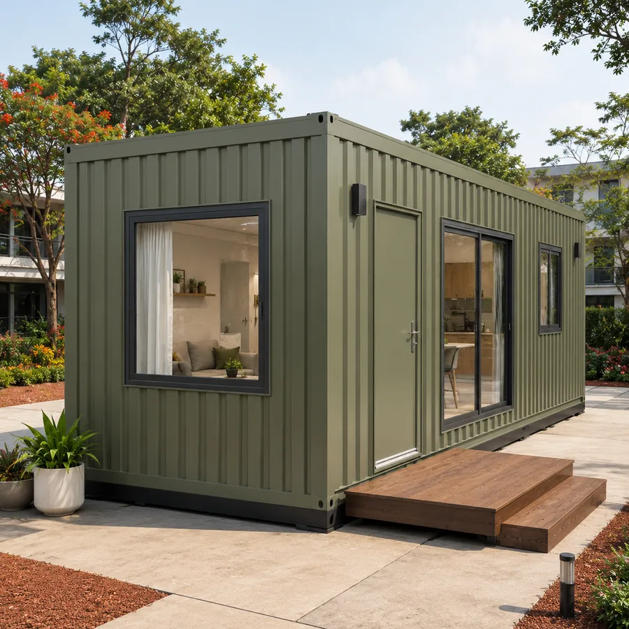End-on view of a 20x10 ft prefab container home with the gable glazing lit, olive green cladding, on red-earth borders under flowering trees
