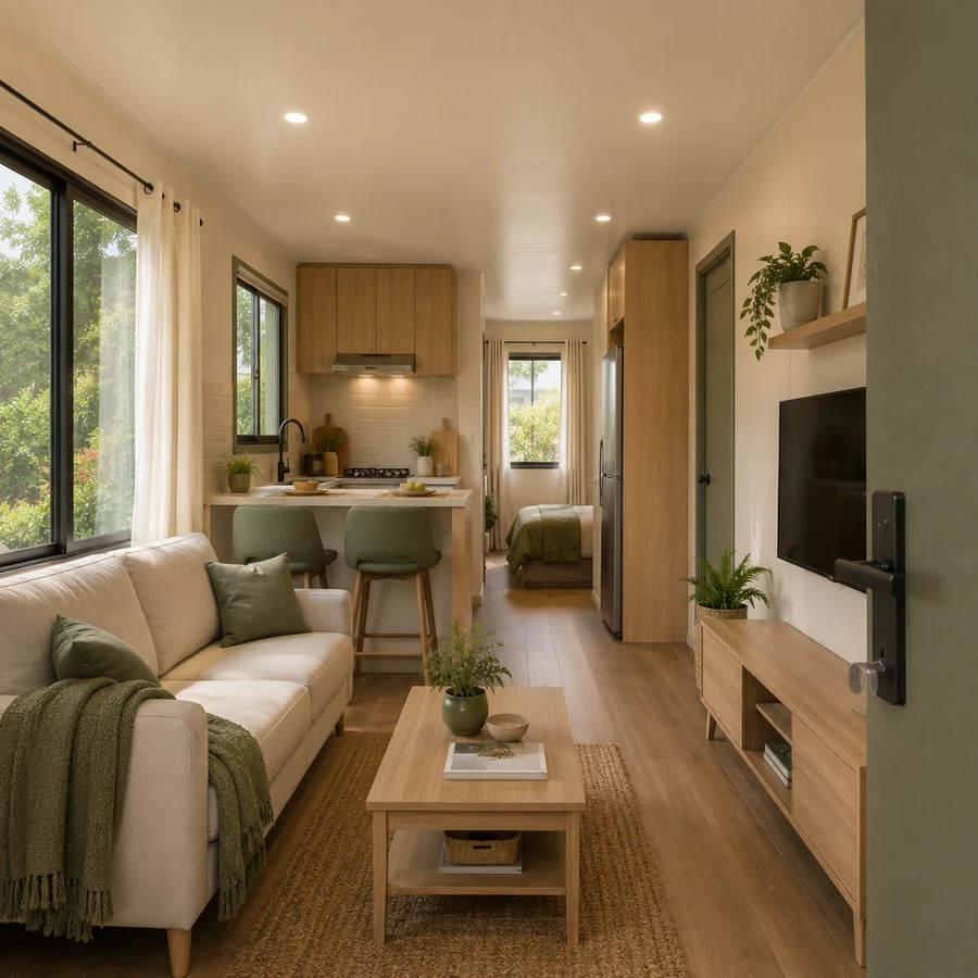 Entry and living area inside a 20x10 ft prefab container home, with a living run with a low media unit