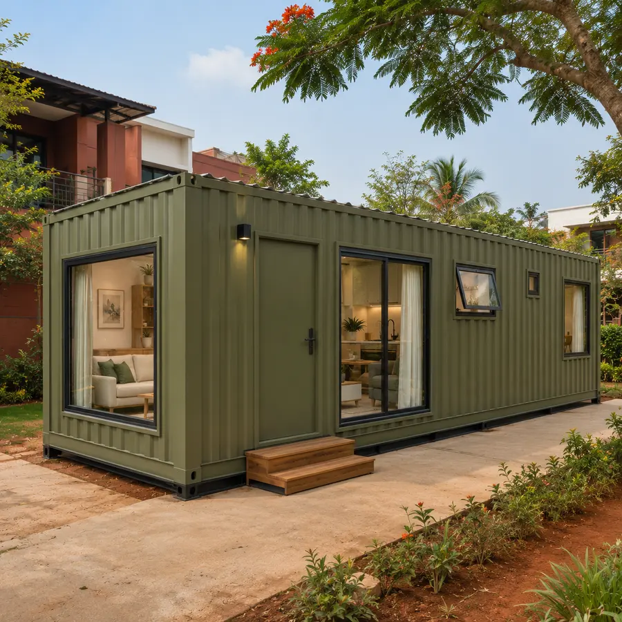 Front-left angle on a 20x10 ft prefab container home in olive green cladding, on red-earth borders under flowering trees