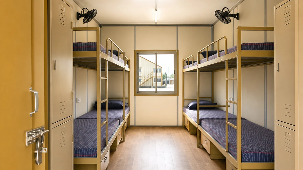 Down the room axis of the wide-body camp block from its entrance door.
