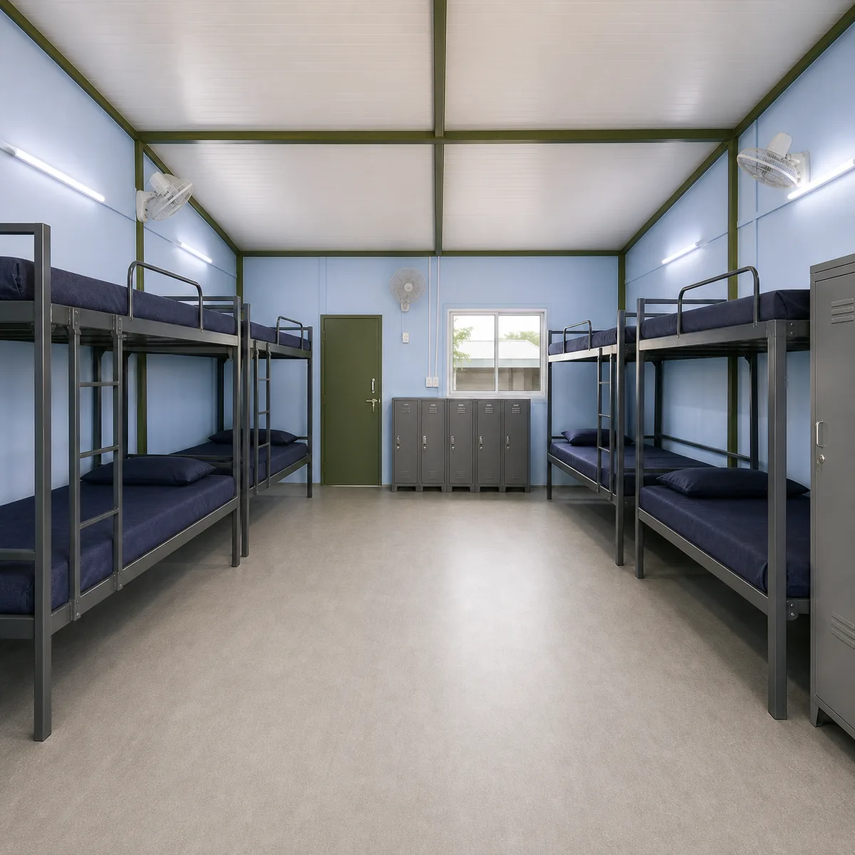 Inside a 120x24 ft G+1 prefab labour camp, double bunks in facing rows in the bolted panel block, sleeping planned for 115 to 144 workers.