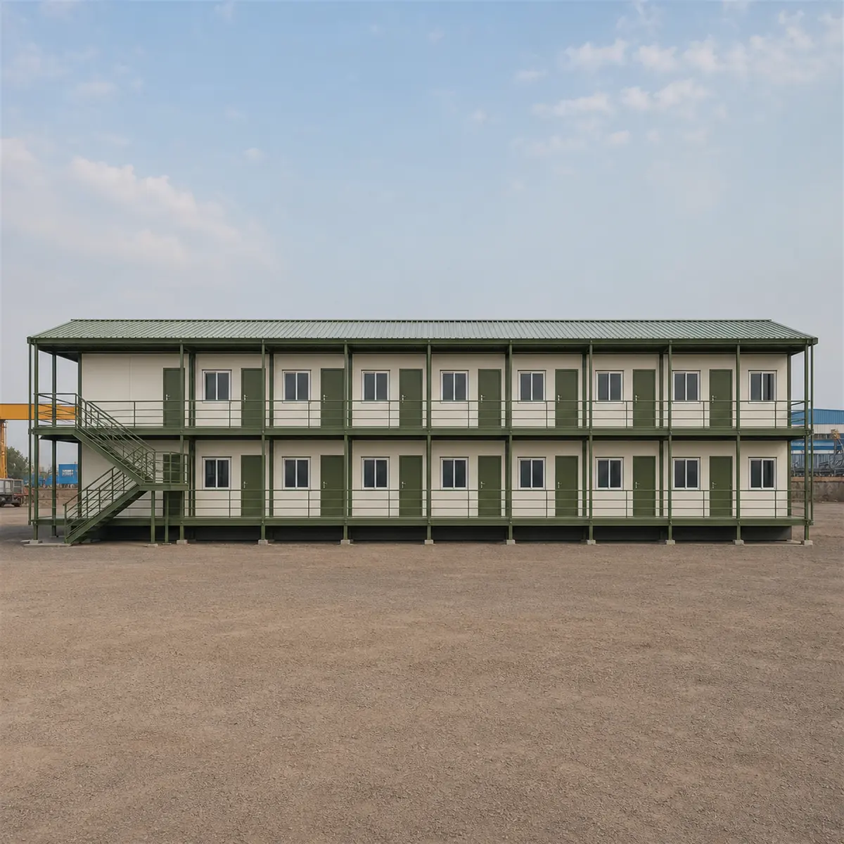 Prefab labour camp, 120x24 ft G+1, flat on across the whole front, both floors on a 120 ft footprint of the bolted panel camp build in view.
