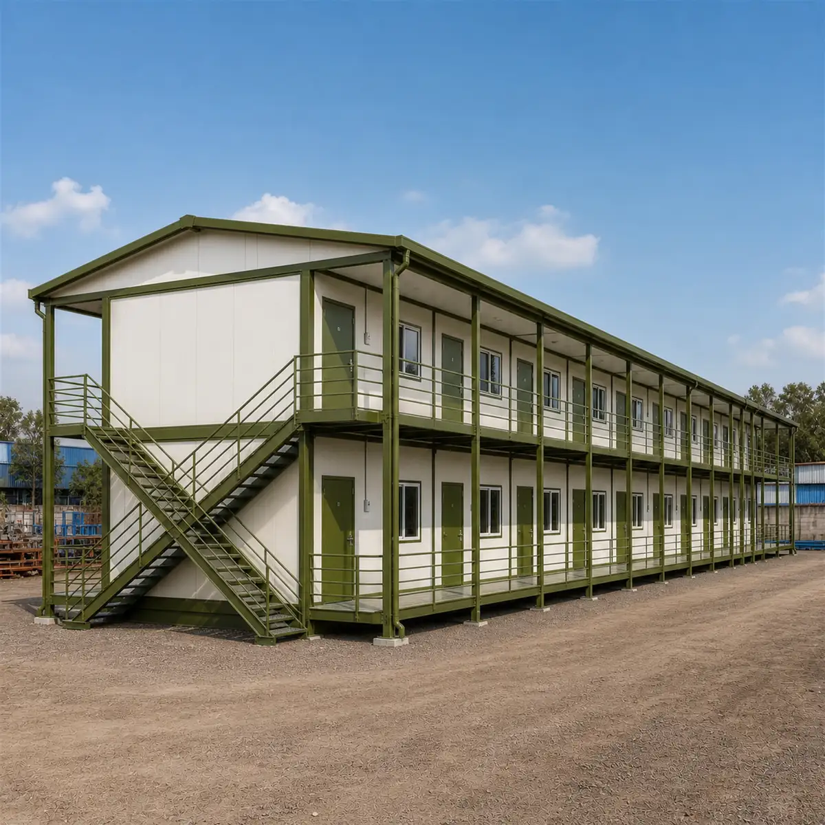 Prefab labour camp, 120x24 ft G+1, from the front left with the end stair, two floors on a 120 ft footprint in the bolted panel camp build.