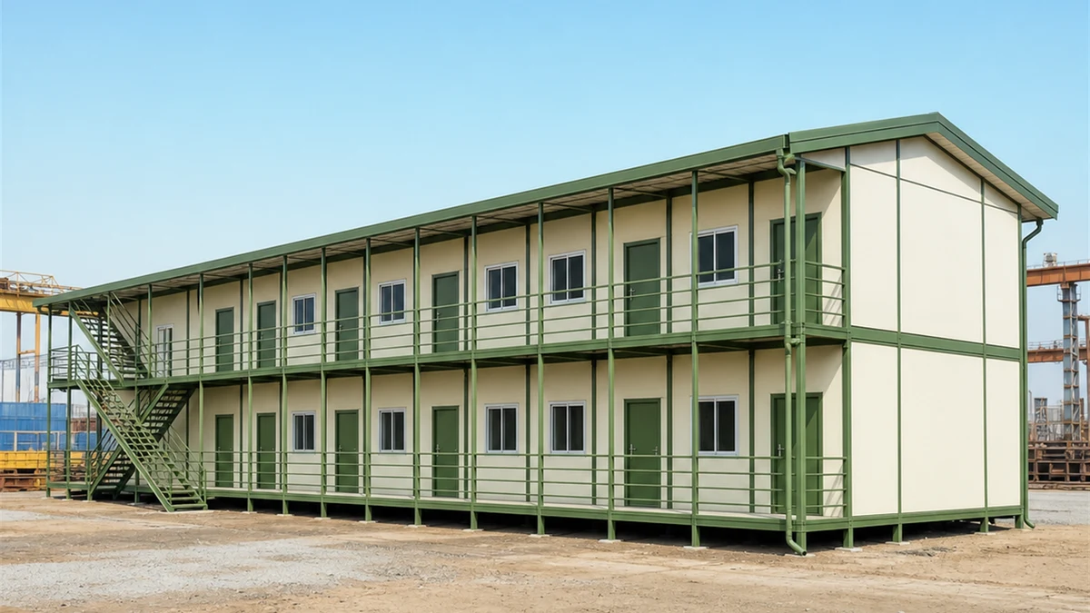 Bolted-panel labour camp block of 120x24 ft from the corner, module joints visible in the wall run.