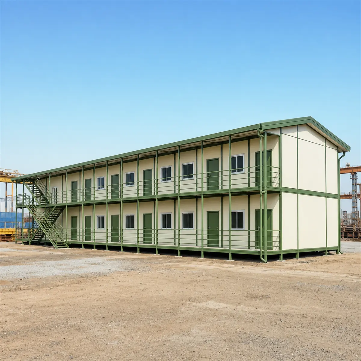 Prefab labour camp, 120x24 ft G+1, from the front right corner, both floors on a 120 ft footprint of the bolted panel camp build in view.