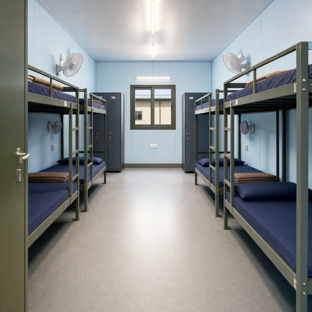 Inside a 120x24 ft G+1 prefab labour camp, the entrance end of the room in the bolted panel block, sleeping planned for 115 to 144 workers.