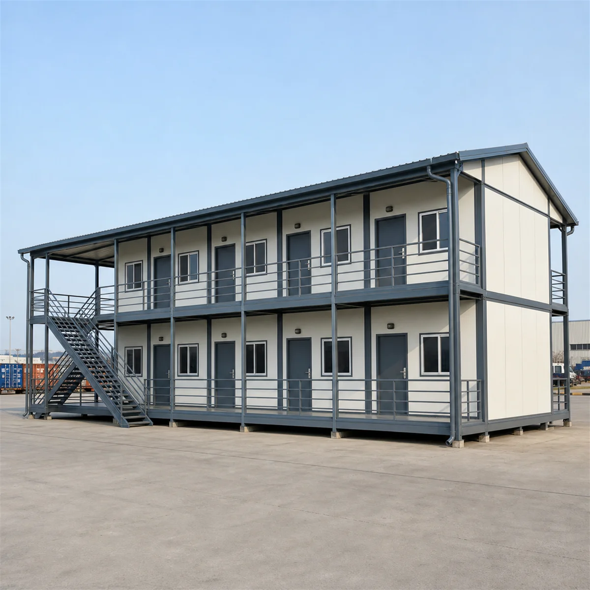 Explore range card for Prefab labour camp, 60x24 ft G+1, from the front right corner, both floors on a 60 ft footprint of the bolted panel camp build in view.