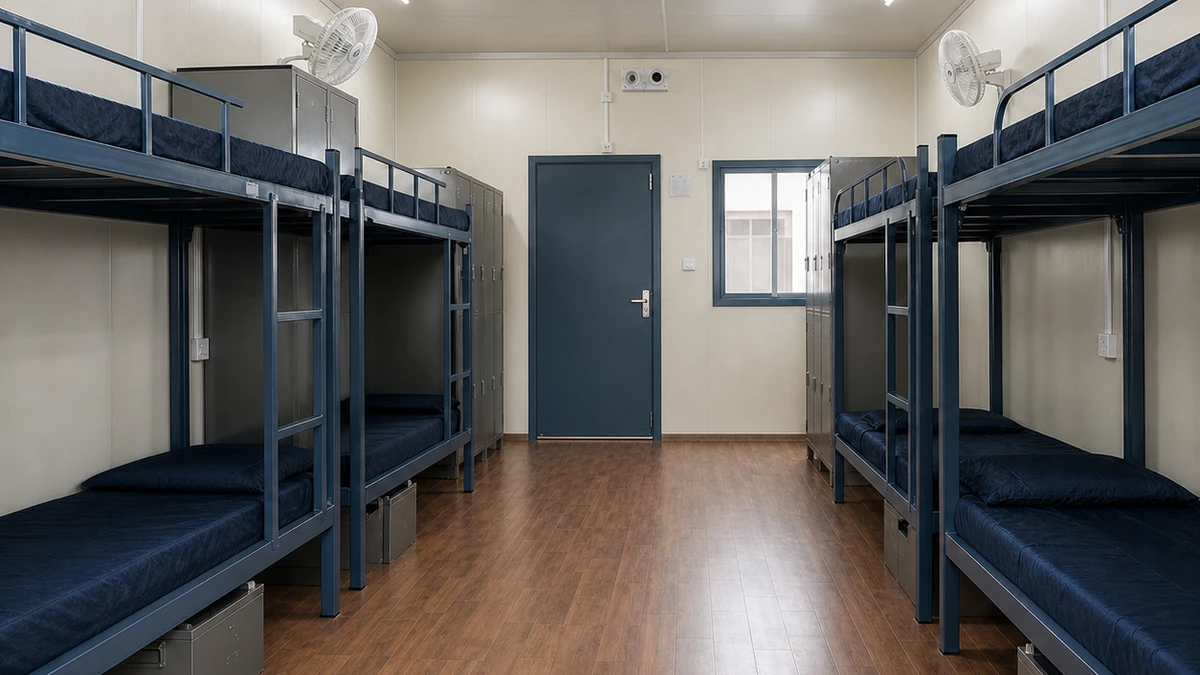 Camp sleeping room in wide view, bunks ranged inside the panel shell.