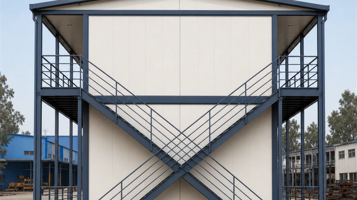 Stair-end elevation of the 90 ft camp block, panel grid and landings in line.