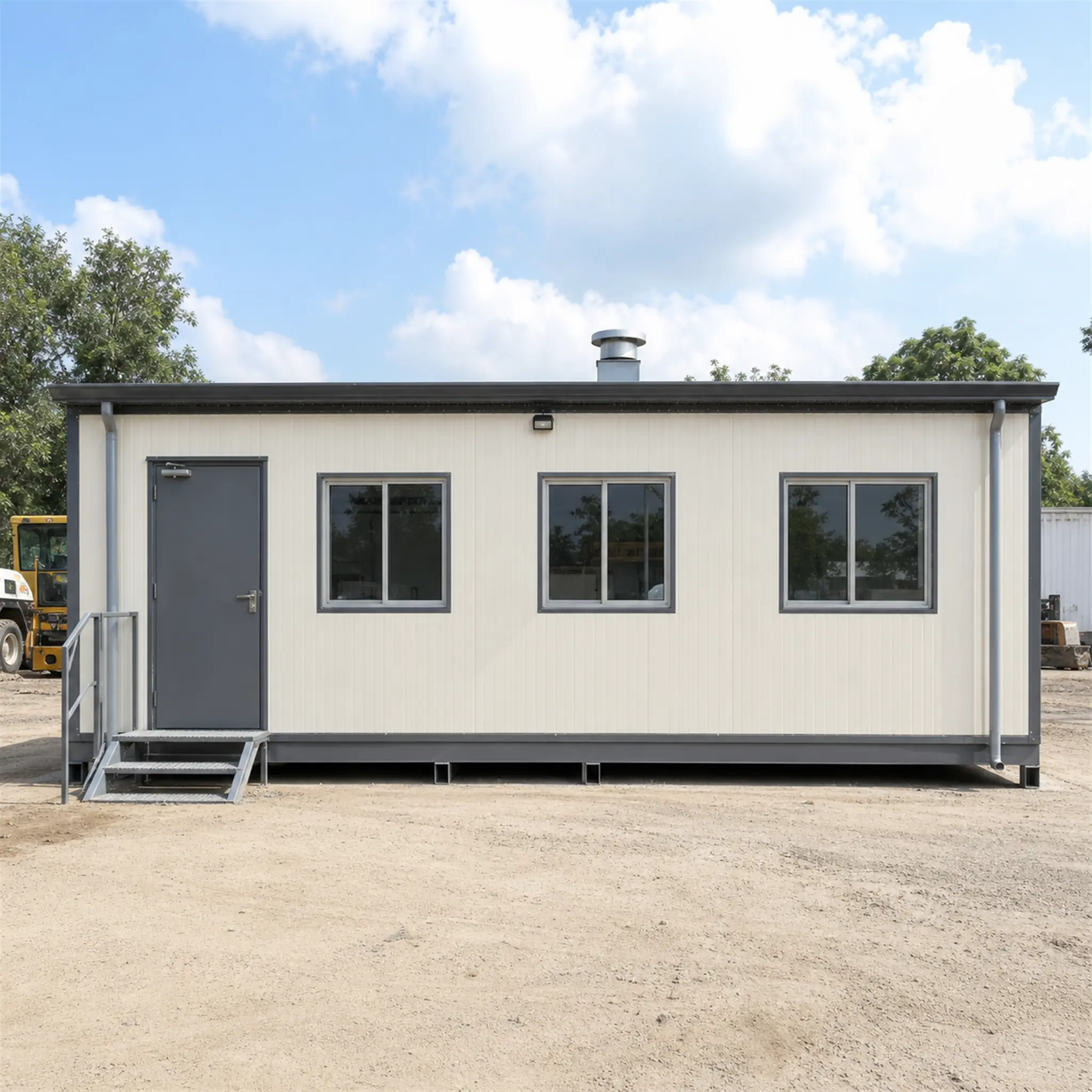 Explore range card for Bone white prefab site canteen with roof exhaust cowl on a compacted site