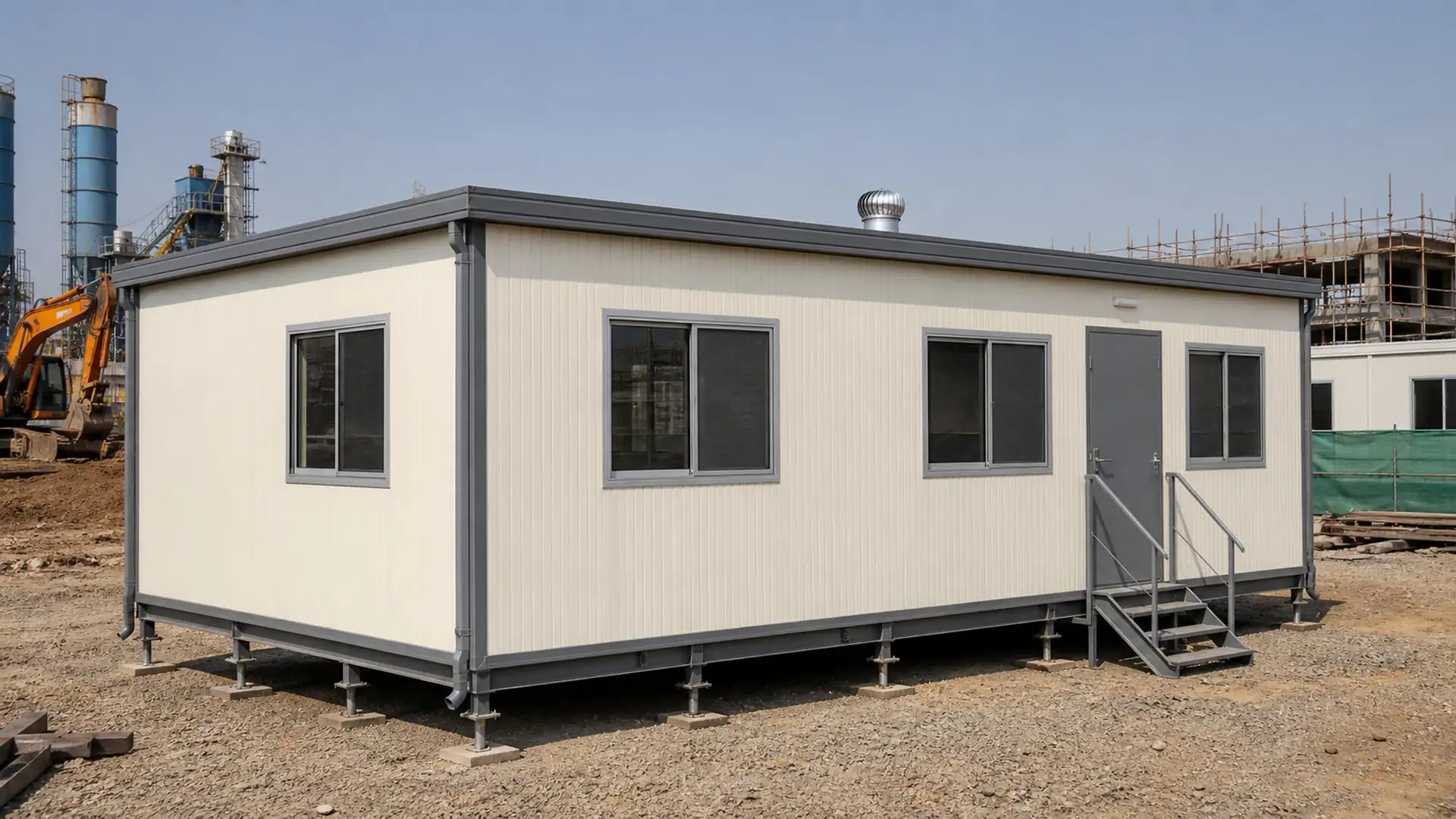 Bone white prefab canteen block on a construction site with excavator and scaffold
