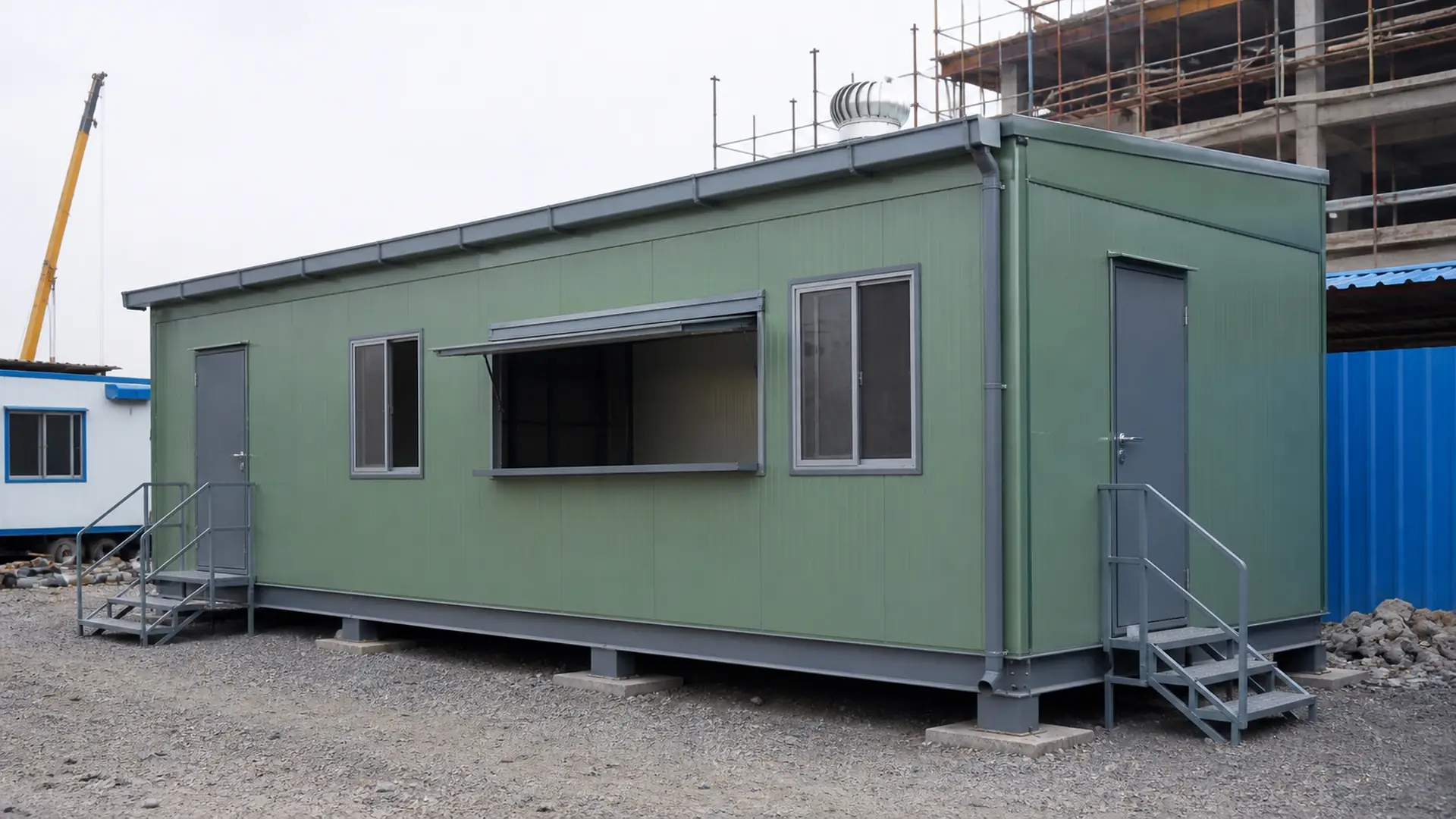 Fern green canteen with open framed serving hatch and separate staff and diner doors